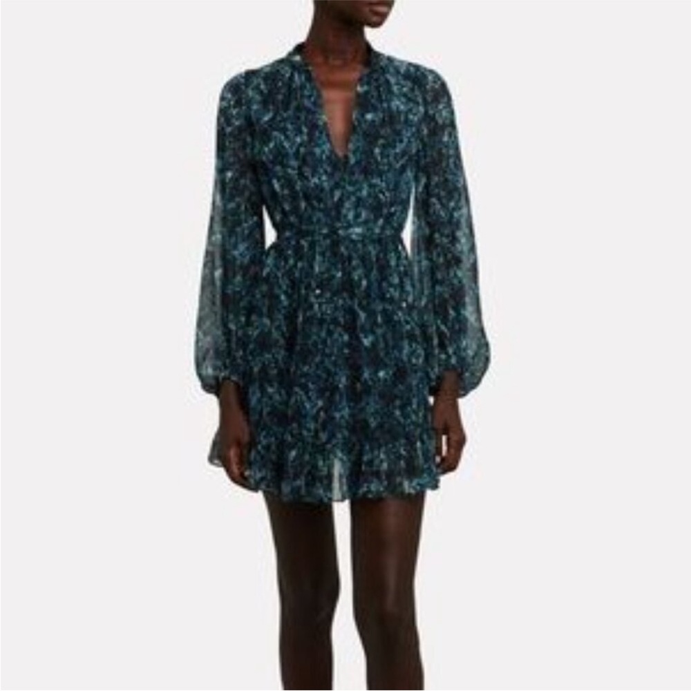 Intermix 100% Silk Long Sleeve Fit and Flare Mini Dress Blue Green Black 14